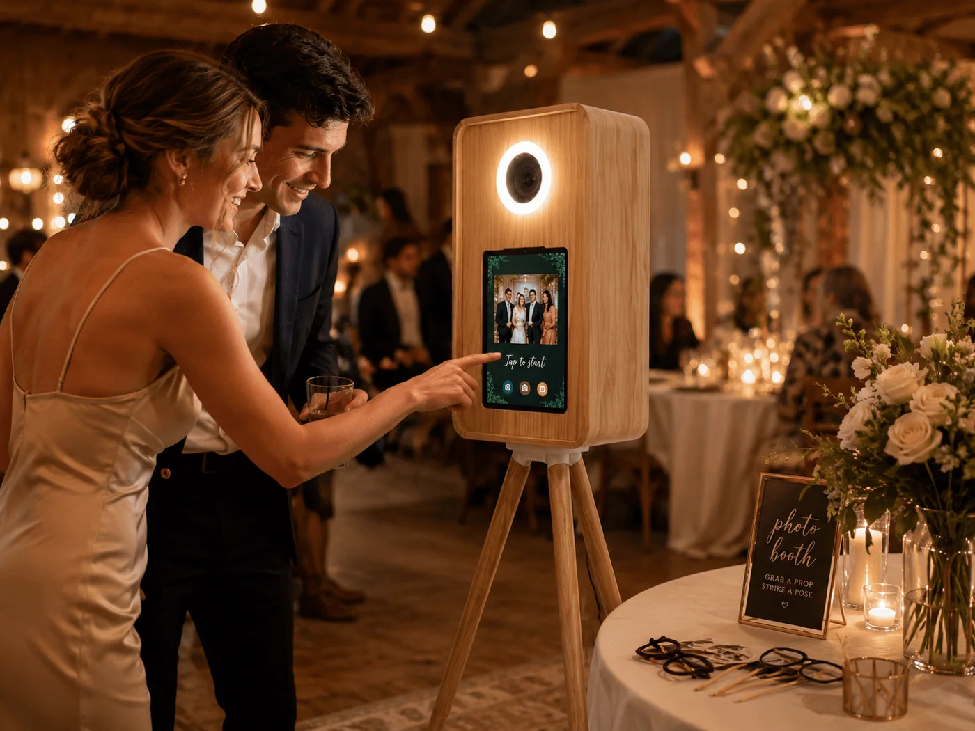 iPad photo booth in use at a wedding reception, guest interacting with iPad touchscreen mounted in a wooden shell enclosure with ring light