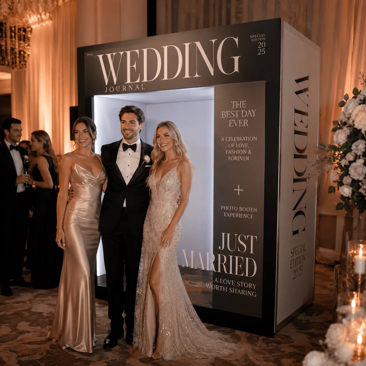 Magazine photo booth with Vogue-style exterior graphic wrap at a wedding reception, guests posing in front of the magazine cover design before entering
