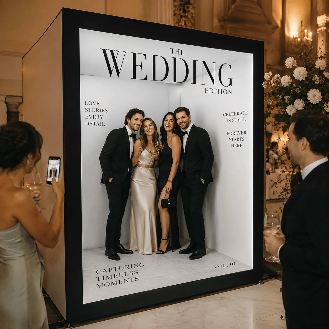 Magazine photo booth walk-in box at a wedding event with guests posing